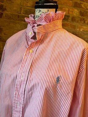 Custom Ralph Lauren Pink and White Striped Ruffle-Collar with raw hem